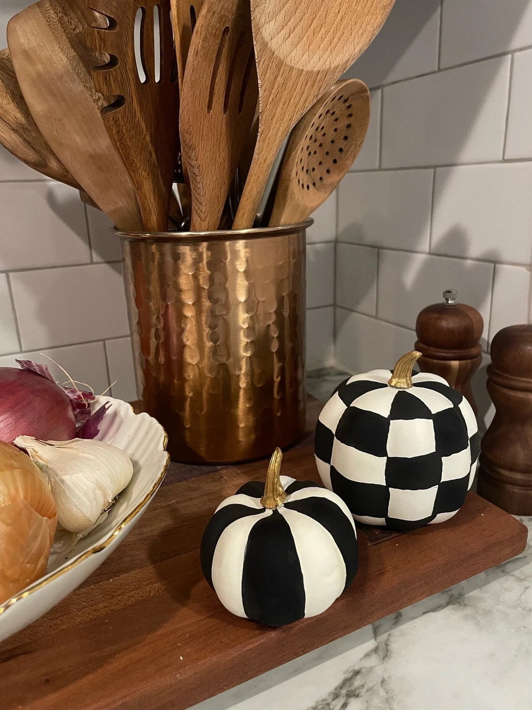 Black white pumpkins - Fall pumpkin table centerpiece - Checkered fall decor - Black and white ch... | Etsy (US)