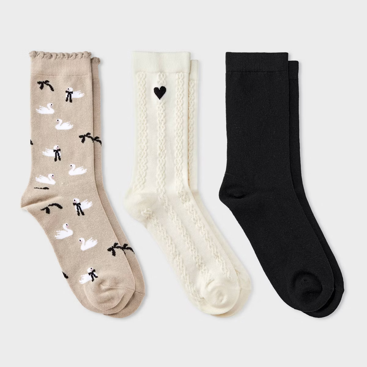 Women's Swans & Bows Scallop Cuff 3pk Crew Socks - A New Day™ Taupe/Black/Ivory 4-10 | Target
