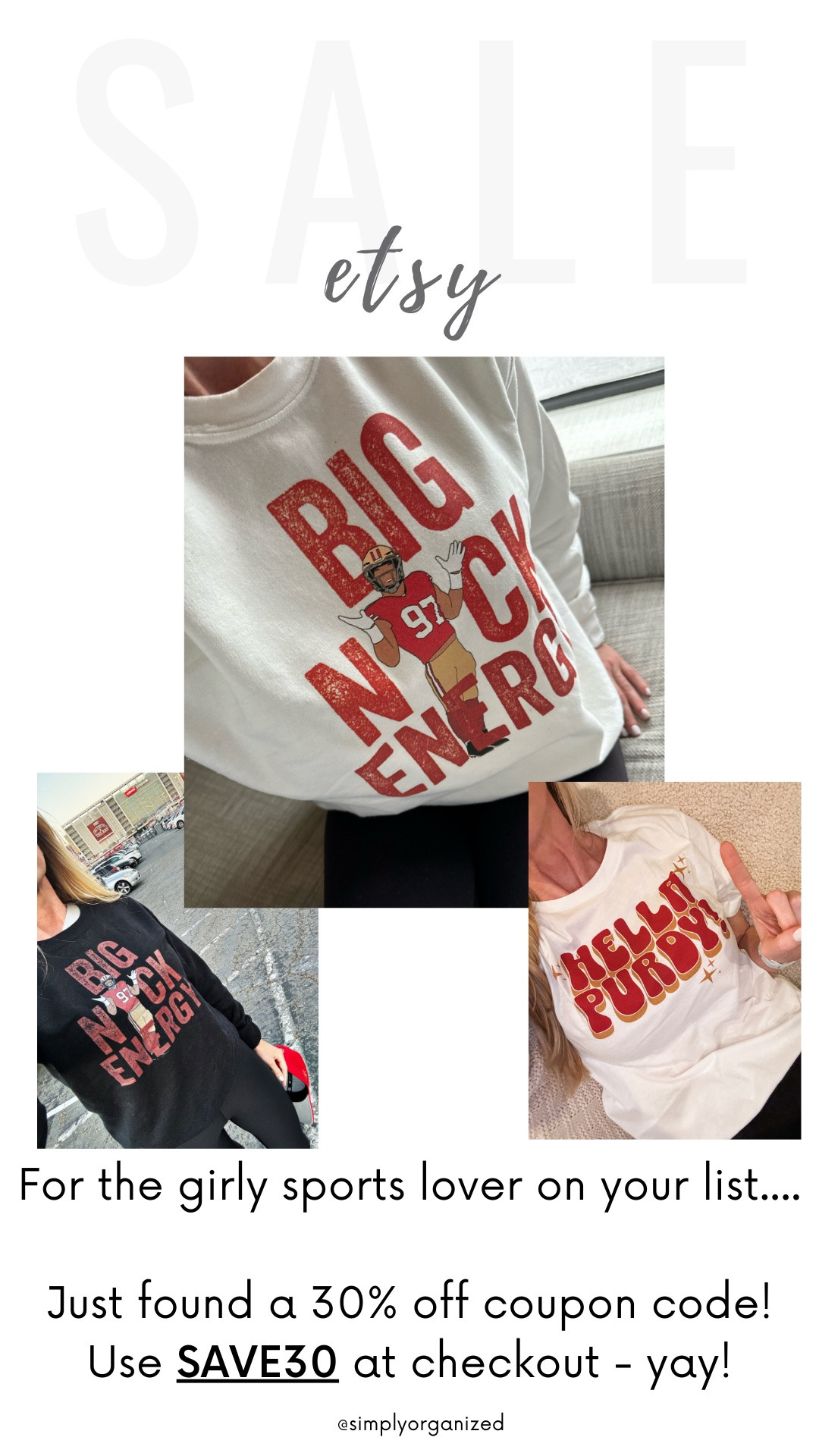 Jus found a great 30% off coupon code for Etsy - use SAVE30 at check-out. This is where I purchased some of my favorite 49ers gear. Great gifts for the sports lover girl on your list!! 

 

#LTKCyberWeek #LTKGiftGuide #LTKSaleAlert