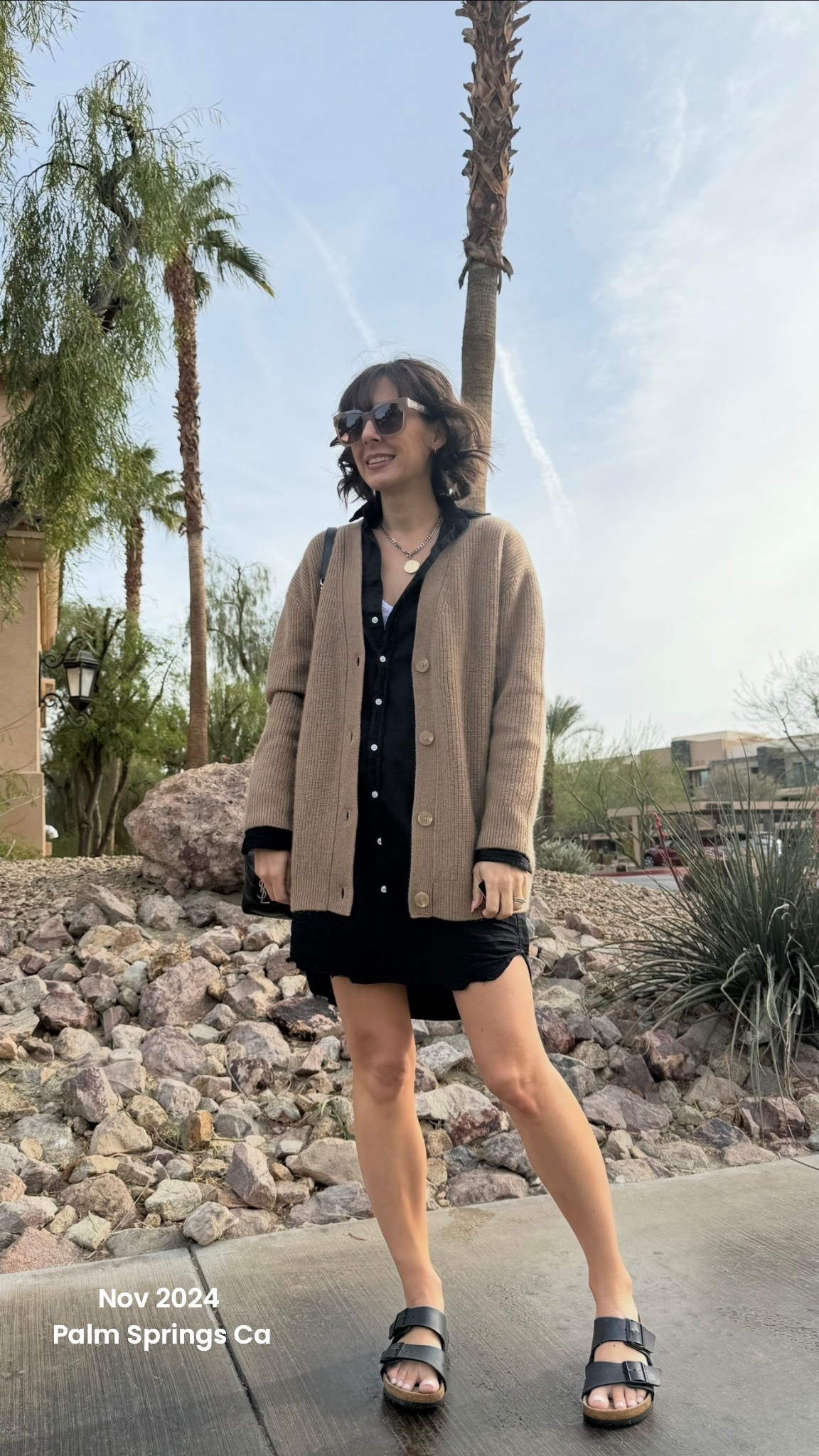 This cashmere cardigan and shirt dress make it on most trips I take. This was what I wore on Palm Springs last year for Thanksgiving break.  Yesterday I had the black cardigan on in the car and packed the denim dress for casual days by the pool. I took my black cardigan like this and the long jean dress to Paris for shoulder season. 