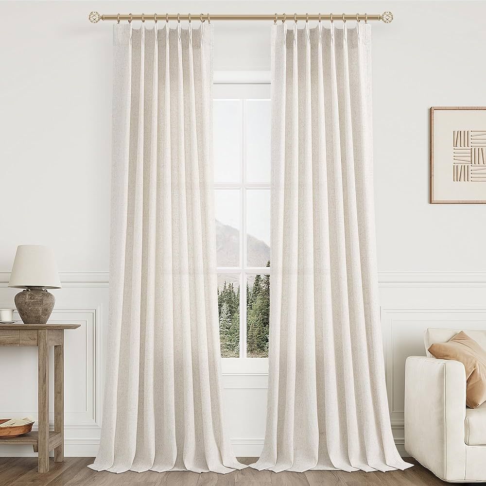 Pinch Pleated Linen Curtains 108 Inches long for Living Room 2 Panels Set Cream Beige Flax Pleat ... | Amazon (US)