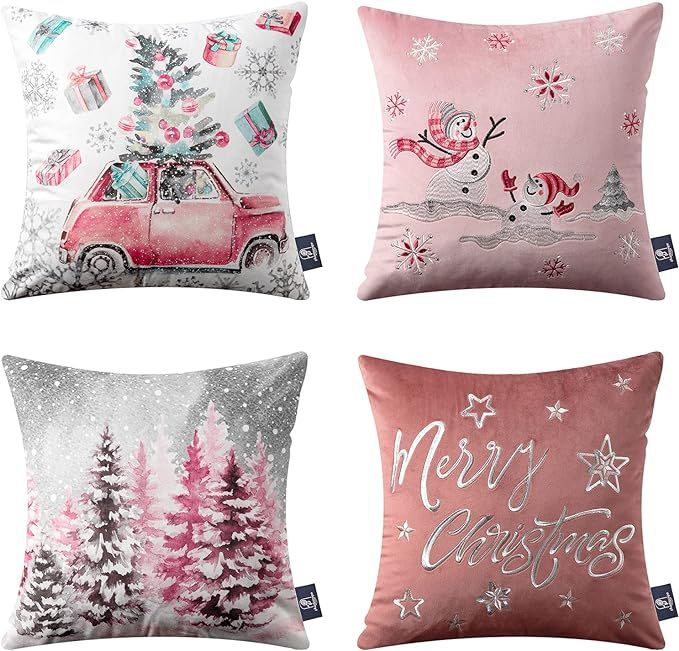 Phantoscope Set of 4 Merry Christmas Decorative Print and Embroidery Velvet Throw Pillow Covers S... | Amazon (US)
