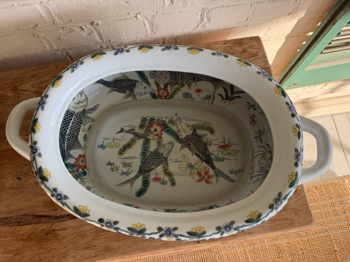 Vintage Chinese Foot Bath Basin, Chinoiserie Famille Rose Canton Rose Koi Fish | eBay | eBay US