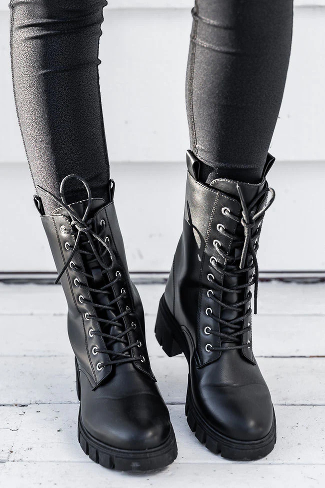 Trina Black Leather Combat Boots | Pink Lily