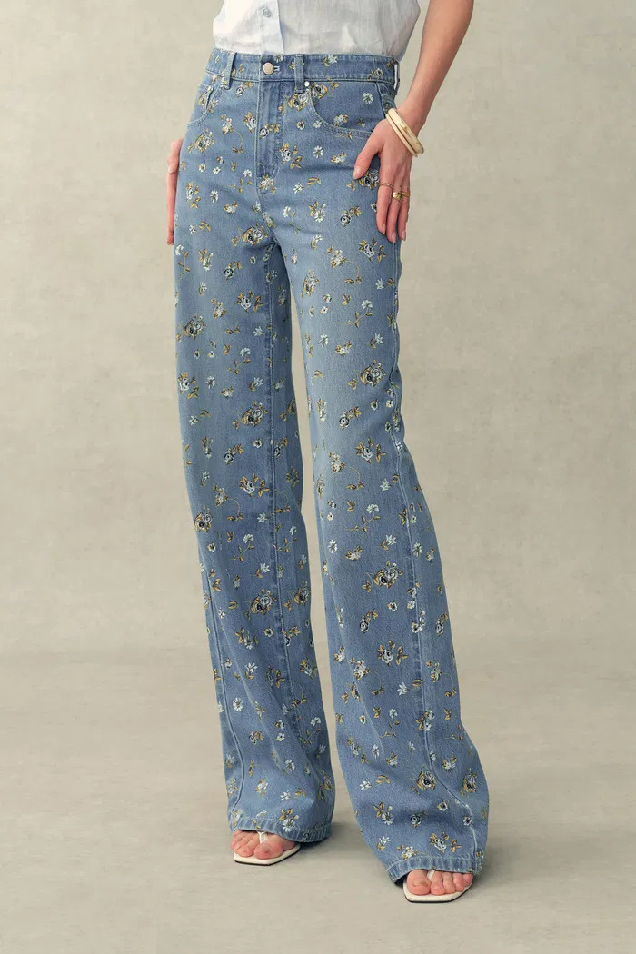 Dorel Floral Print Straight Leg Jeans in Linen Blend Denim | Fabrique