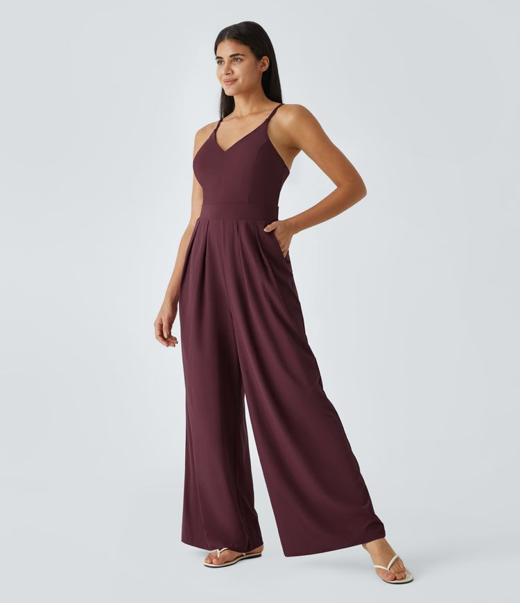 Breezeful™ Backless Side Invisible Zipper Pocket Wide Leg Quick Dry Resort Slip Jumpsuit | HALARA