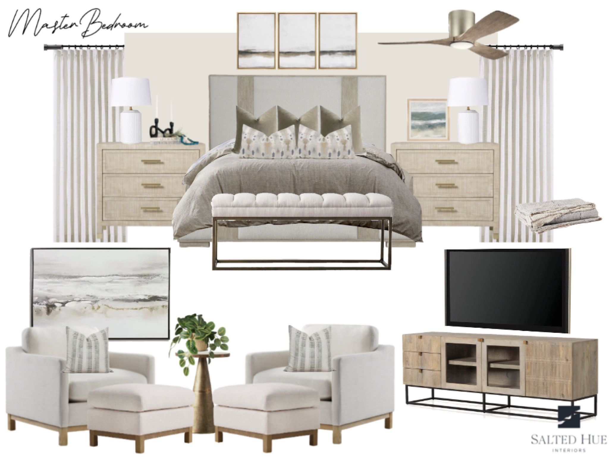 Bedroom design. Bed. Nightstand. Media console. Chair. Ottoman. Artwork. Canvas. Ceiling fan. Bench  

#LTKHome