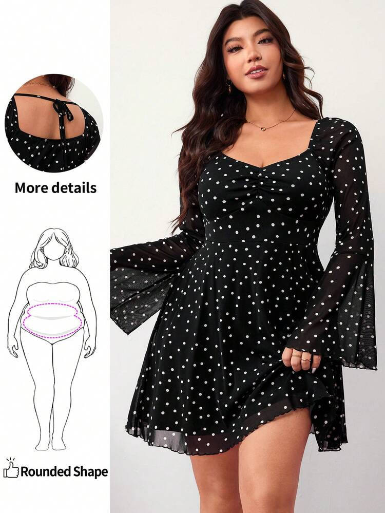 Enliva Plus Size Polka Dot Print Long Sleeve Dress For Women,Black And White,Autumn,1920s Flapper... | SHEIN