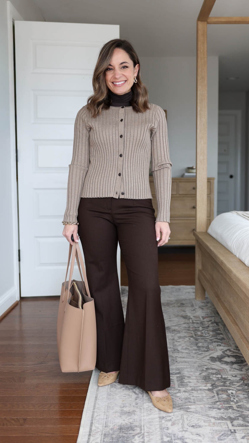 Chocolate brown outfits for work! 

Pants (Banana Republic): petite 0 - 9.25” rise, 28” inseam in petite. I recommend a size up (shown in petite 00, but they’re too snug on me). No stretch, wool blend. 

Outfit 1 
Top (Madewell): xxs 
Shoes (Sam Edelman): tts 
Coat (Aritzia): xxs short 
Scarf (Sezane) 
Bag (Madewell)

Outfit 2 
Turtleneck (Nordstrom): xs - sheer 
Cardigan (Quince): sold out but linking a similar option 
Shoes (Sam Edelman): tts 

Outfit 3 
Blazer (J.Crew): Petite 00 
White top (Quince): xs 
Shoes (Sam Edelman): tts in French sand 

Outfit 4 
Sweater (Quince): xs in teak 
Jacket (J.Crew): 00 
Shoes (Sam Edelman): tts 
Bag (Quince) 

My measurements for reference: I’m 4’10” and 105lbs. My bust, waist, and hip measurement is 32”, 24”, and 36”.

#LTKPetite #LTKWorkwear
