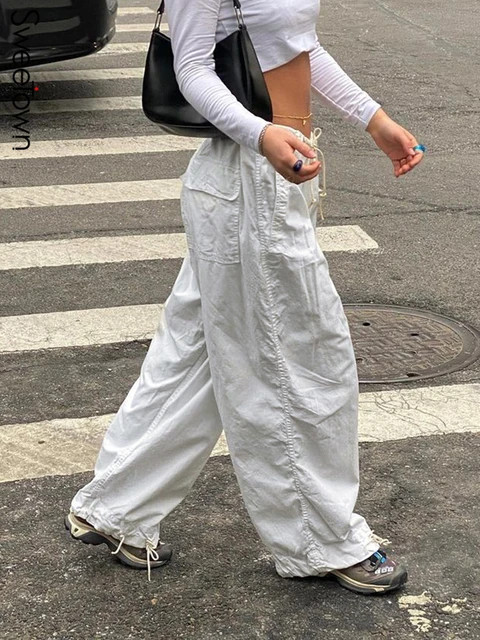 Sweetown Casual Baggy Wide Leg Sweatpants White Loose Drawstring Low Waist Streetwear Cargo Pants... | AliExpress (US)