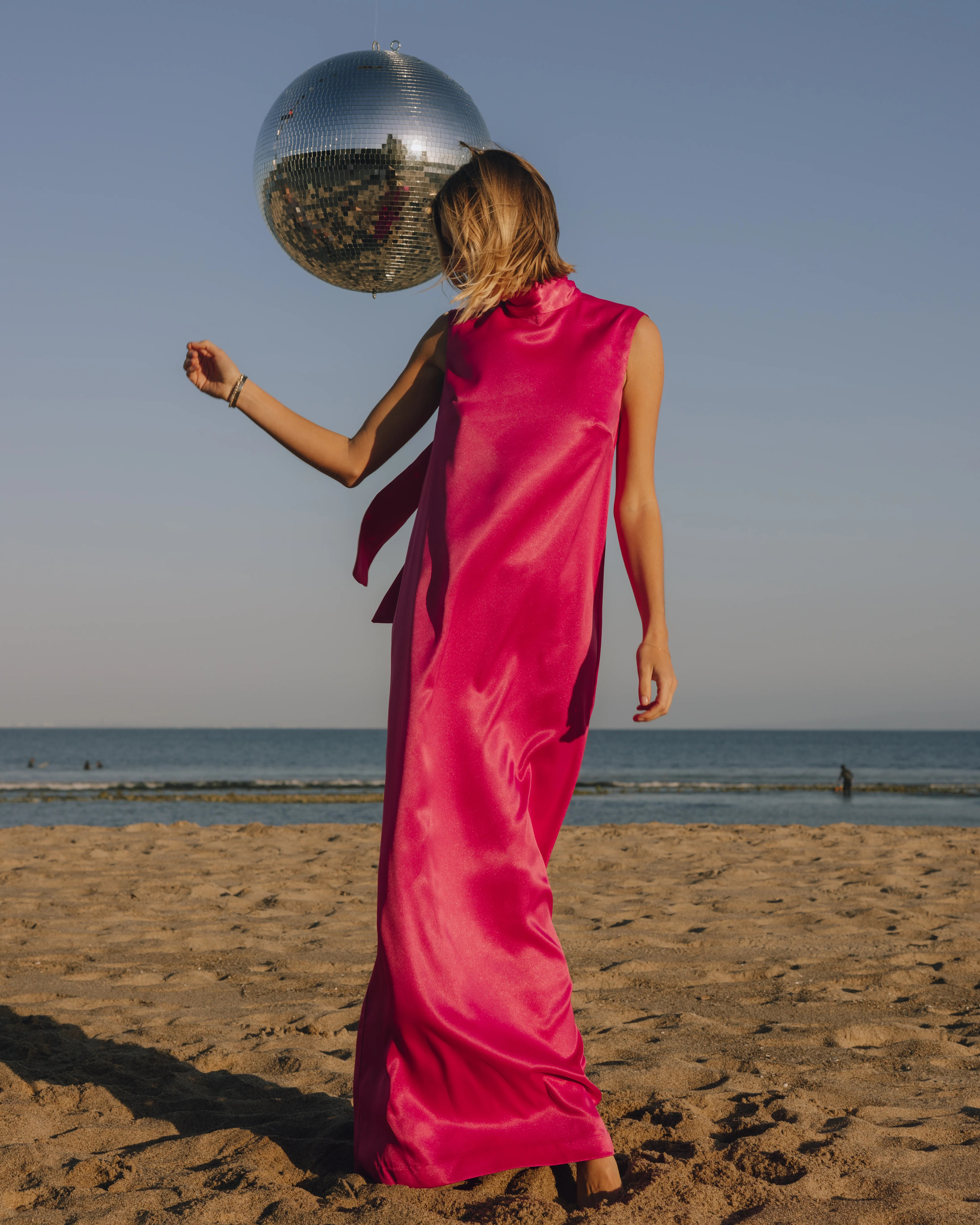 Silky Maxi Dress with Neck Tie - Hot Pink | Daily Drills