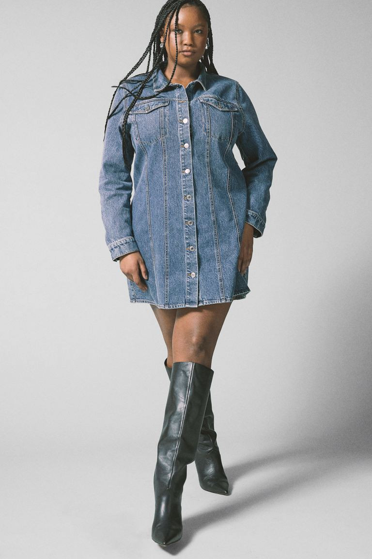 Cotton Denim Dress - Long sleeve - Short - Dark denim blue - Ladies | H&M US | H&M (US + CA)