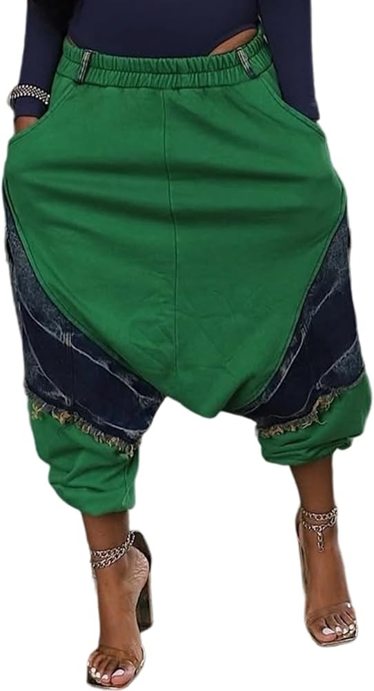 LETSVDO Womens Baggy Harem Jeans Elastic Waist Wide Leg Barrel Cargo Patchwork Ripped Hippie Crop... | Amazon (US)
