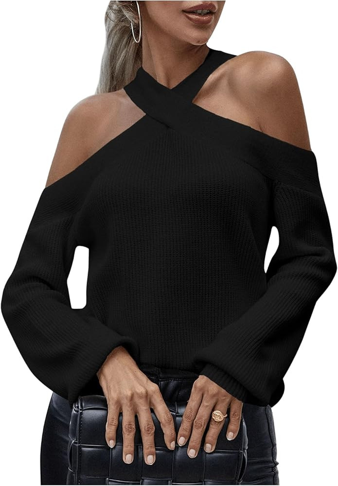MakeMeChic Women's Off The Shoulder Sweater Halter Criss Cross Knitted Fall Long Sleeve Pullover ... | Amazon (US)