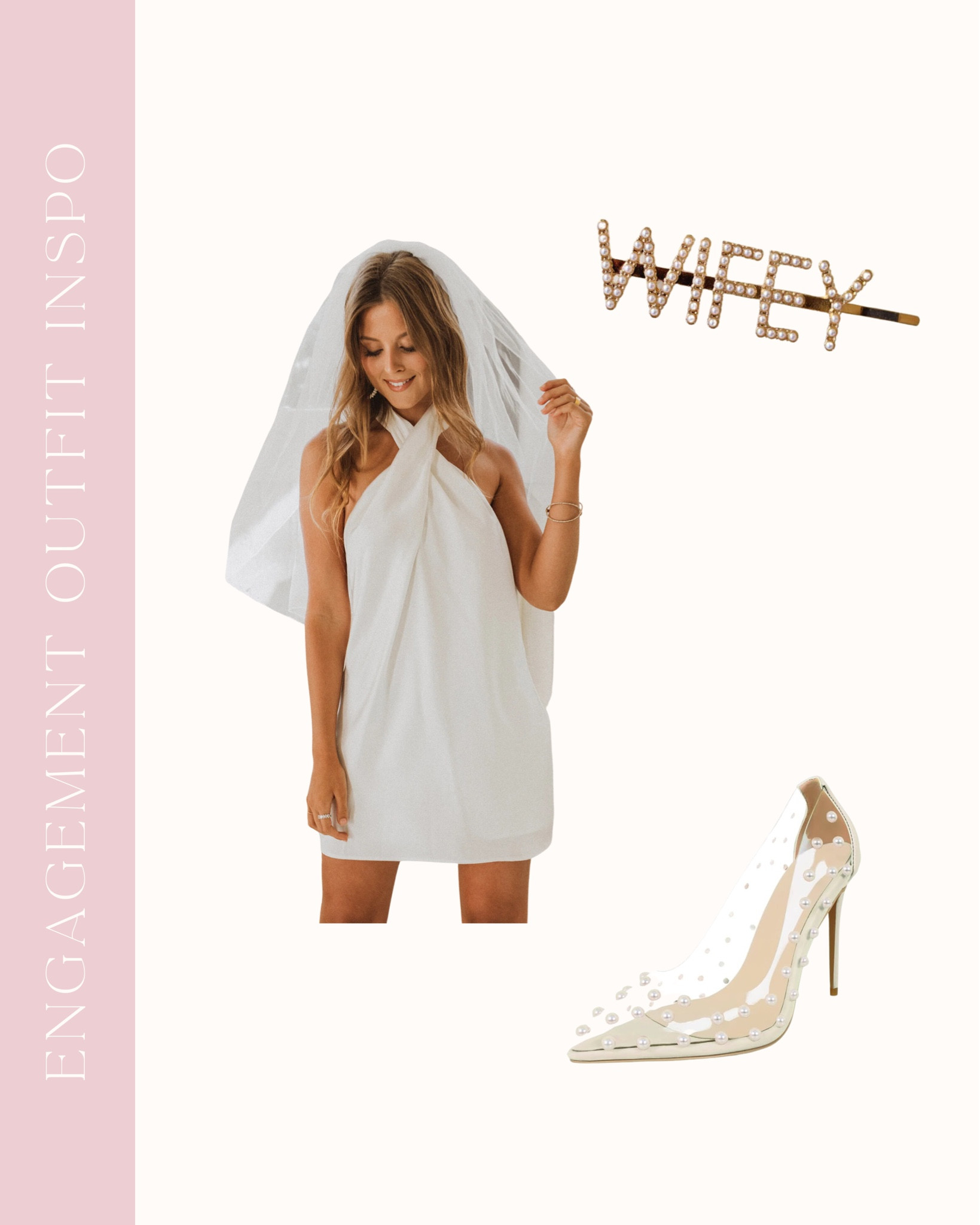 shop my city chic engagement photo outfit ✨ white satin halter dress size M, pearl studded heels from Amazon #bridalfashion #ltkbrides #ltkbride #amazon 