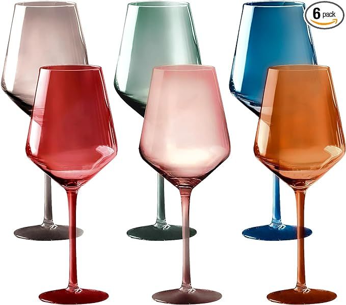 Colored Wine Glasses Set of 6 Crystal, 18oz - Unique Fall Drinking Glass Cups with Stem - Luxury ... | Amazon (US)