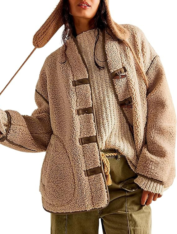 APAFES Womens Fleece Jacket Winter Warm Button Fuzzy Sherpa Coats Shacket Outerwear with Pockets | Amazon (US)