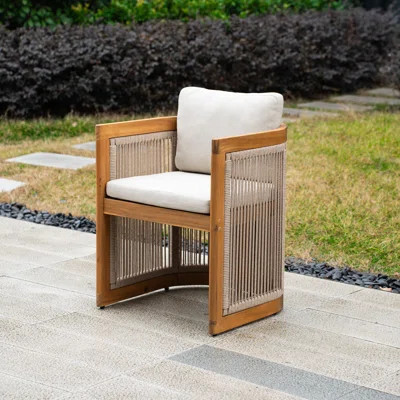 Adwoa Acacia Wood Rope Weaving Patio Outdoor Dining Chair With Cream Cushions | Wayfair North America