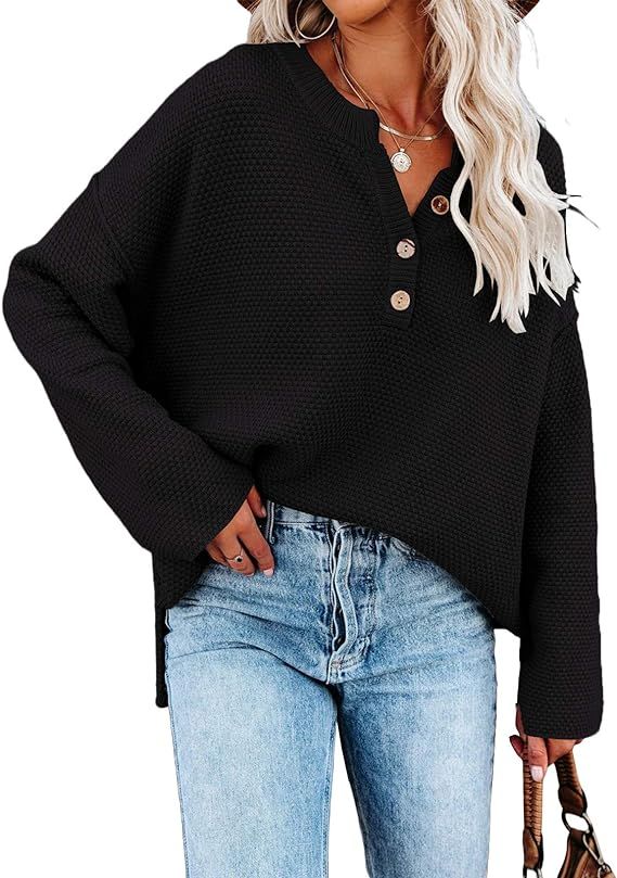 Saodimallsu Women's Oversized Sweaters Batwing Long Sleeve Loose V Neck Button Henley Tops Pullov... | Amazon (US)