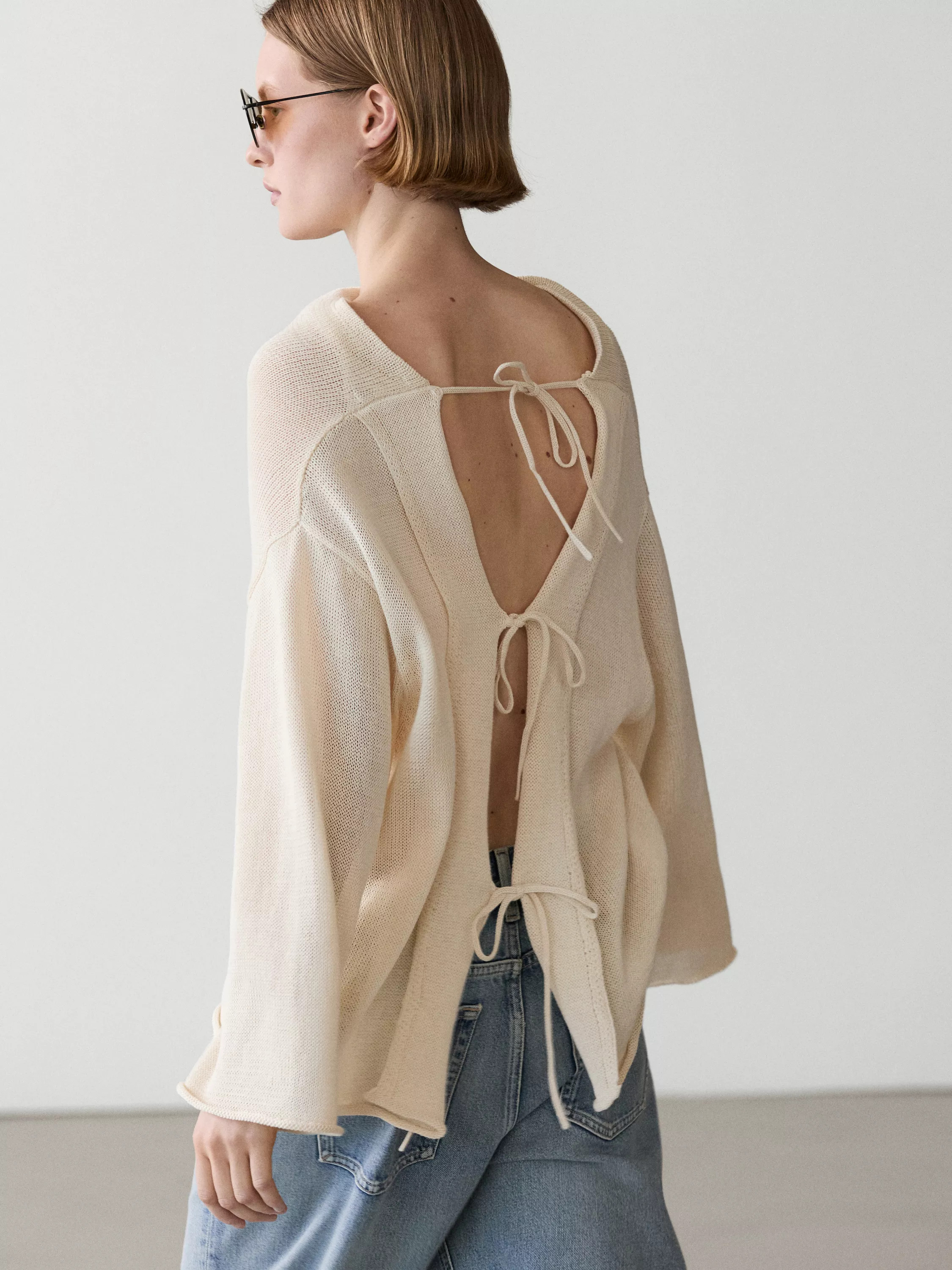 100% cotton knit sweater with back ties \u00b7 Beige \u00b7 Sweaters | Massimo Dutti | Massimo Dutti UK
