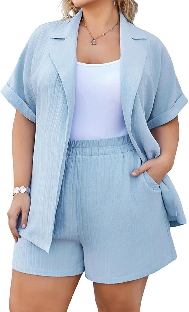 Hanna Nikole Women's Plus Size 2 Piece Casual Outfits with Pockets Summer Short Sleeve Lapel Coll... | Amazon (US)
