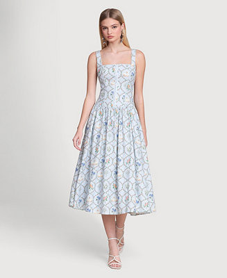 Women's Floral Lattice Linen Blend Midi Dress | Macy's