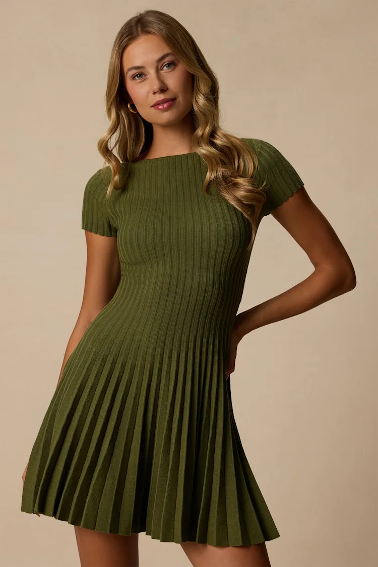 Sarielle Olive Pleated Sweater Mini Dress | Lulus