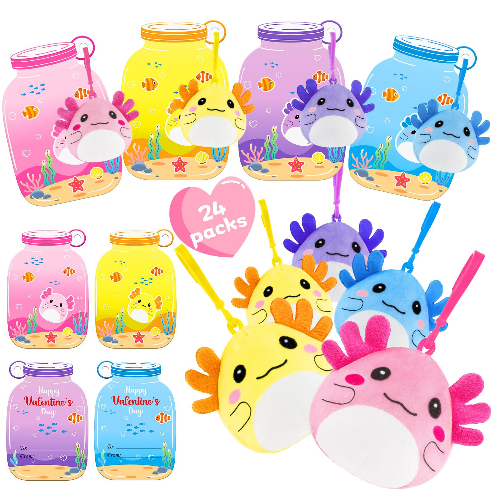 Valentines Day Cards Gifts for Kids Classroom, 24 Pack Axolotl Plush Toy Keychains with Valentine... | Amazon (US)
