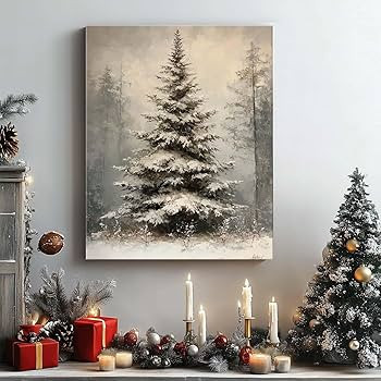 Christmas Tree Wall Art Decor, Vintage Pine Tree in Snow Canvas Prints for Living Room Bedroom Of... | Amazon (US)