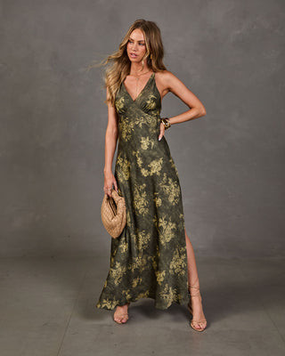 Meadow Magic Satin Floral Maxi Dress Olive Multi / L | VICI