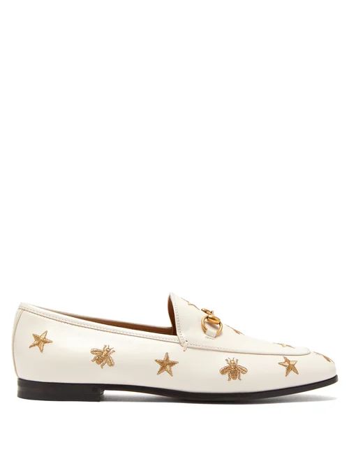Gucci - New Jordaan Embroidered Leather Loafers - Womens - White Gold | Matches (US)