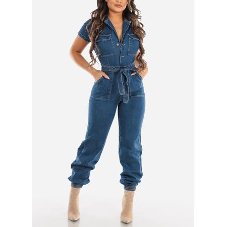 Womens Short Sleeve Denim Jumpsuit Button Up With Belt Dark Wash Cargo Jean Jumper 10756F | Walmart (US)