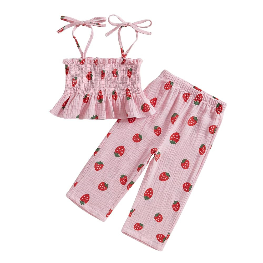 Toddler Baby Girl Strawberry Outfit Cotton Linen Sleeveless Ruffle Crop Tops Pants Set 2Pcs Cute ... | Amazon (US)