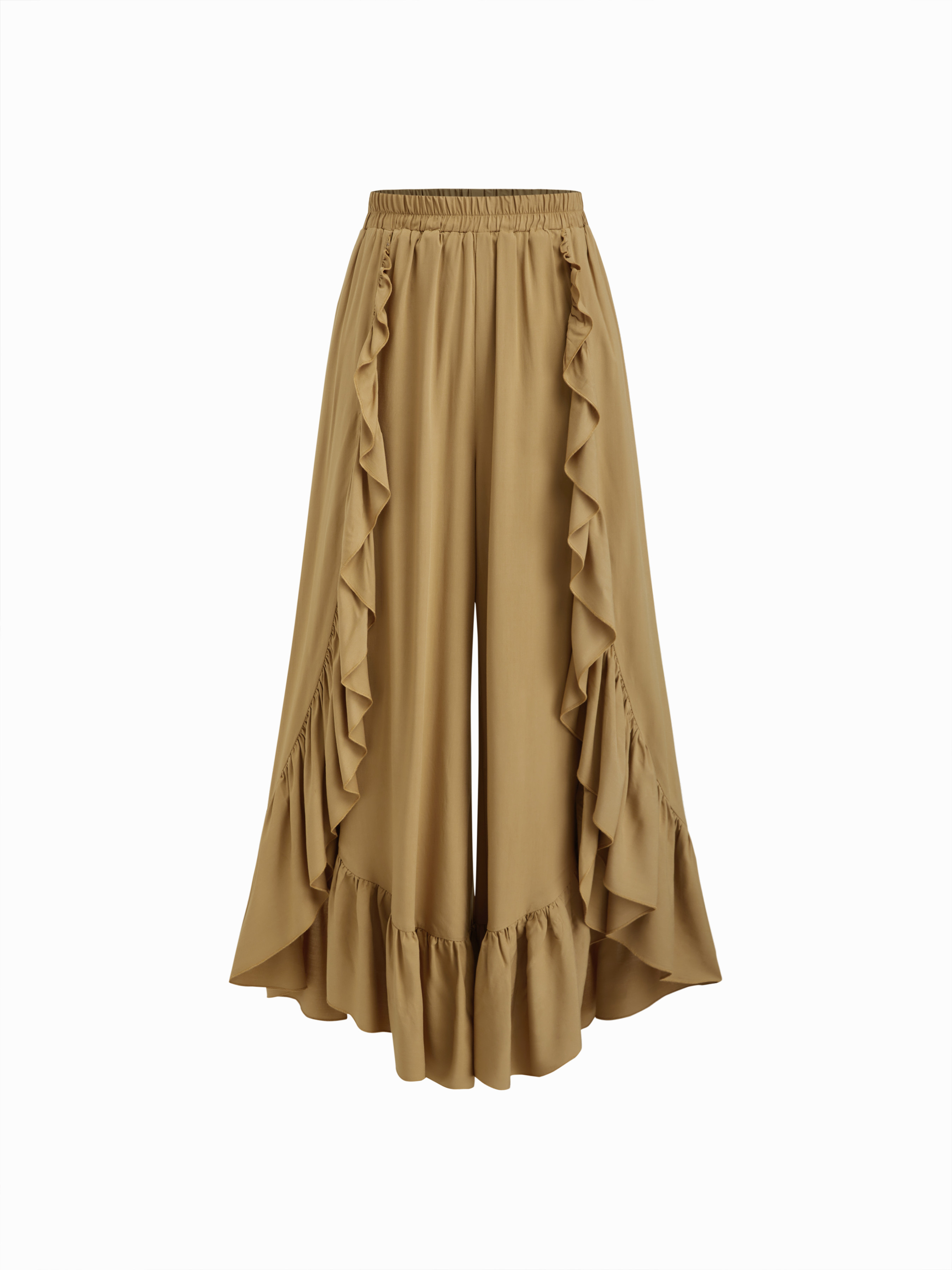 100% Cotton Mid Rise Elastic Waist Ruffle Wide Leg Trousers | Cider