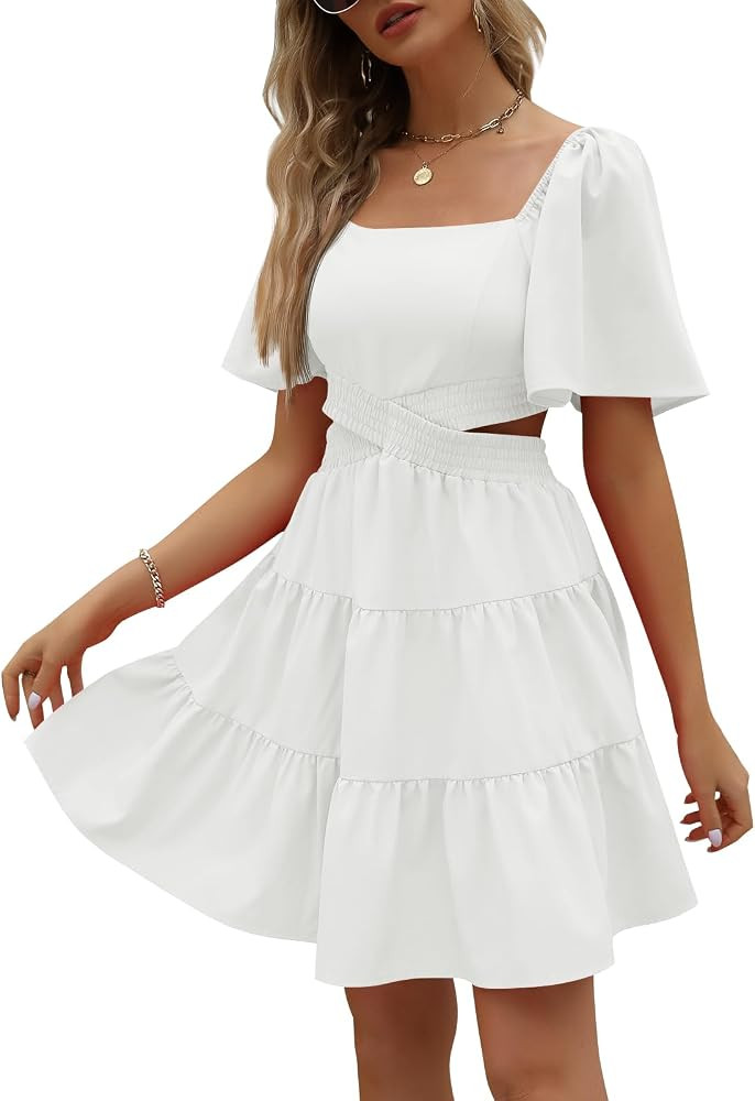 Womens 2023 Summer Cutout Mini Dresses Short Sleeve Square Neck Crossover Waist Dress | Amazon (US)