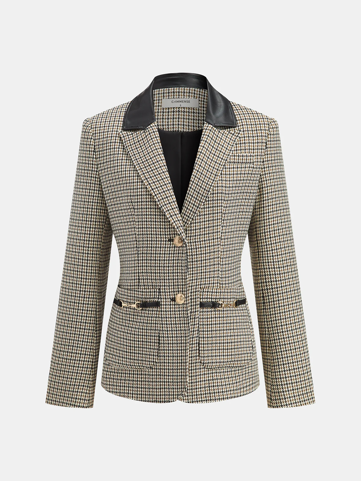 Faux Leather Collar Houndstooth Blazer | Commense
