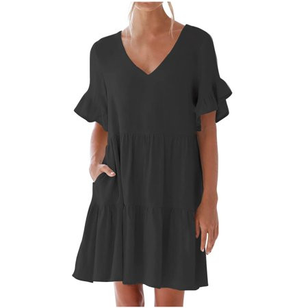 GAHZENB Summer Casual Dress for Women Women s Summer Casual Dress V Neck Black Dress With Pocket Short Sleevele Ruffle Dress Black S | Walmart (US)