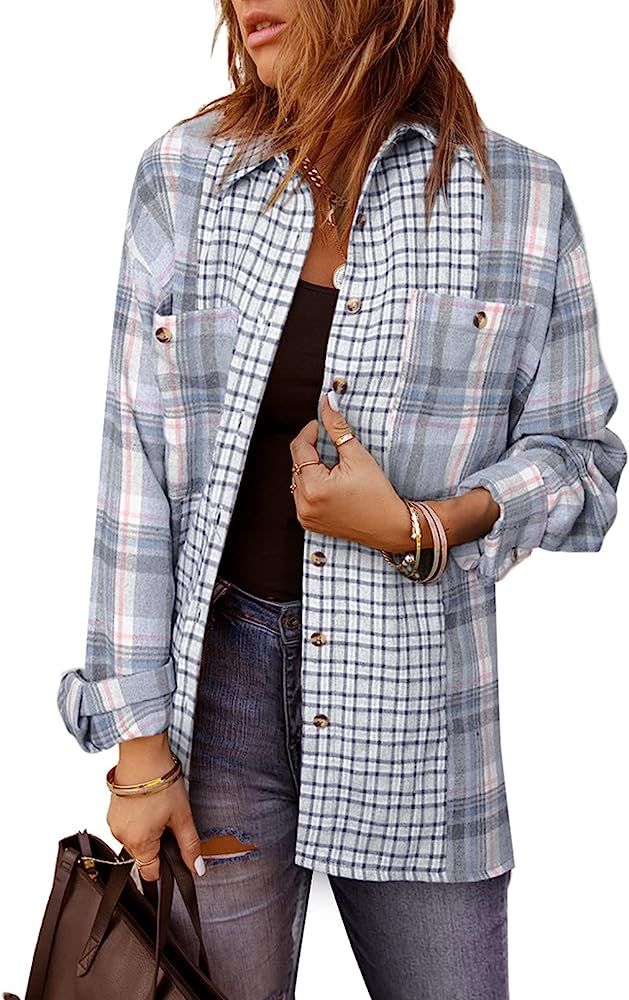 Sidefeel Womens Long Sleeve Color Block Button Down Plaid Shirt Oversized Blouses Tops | Amazon (US)