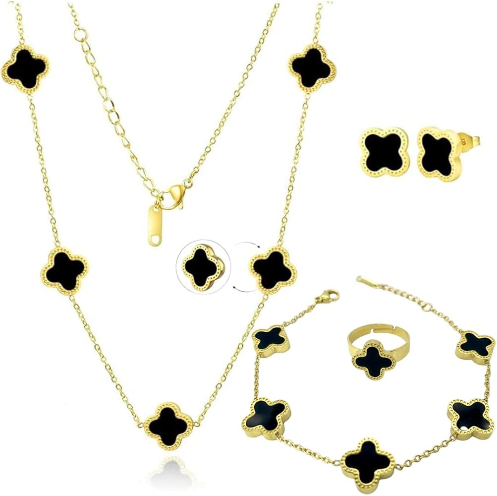 Clover Jewelry Set 18K Gold Plated Stainless Steel Necklace with Flower Design Four leaf clover f... | Amazon (US)