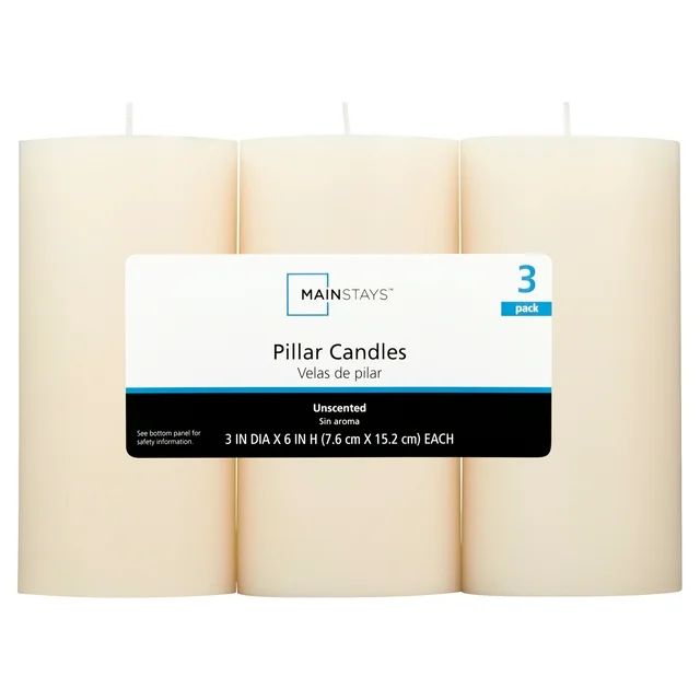 Mainstays Unscented Pillar Candles, 3 x 6 in, Ivory, 3 Count | Walmart (US)