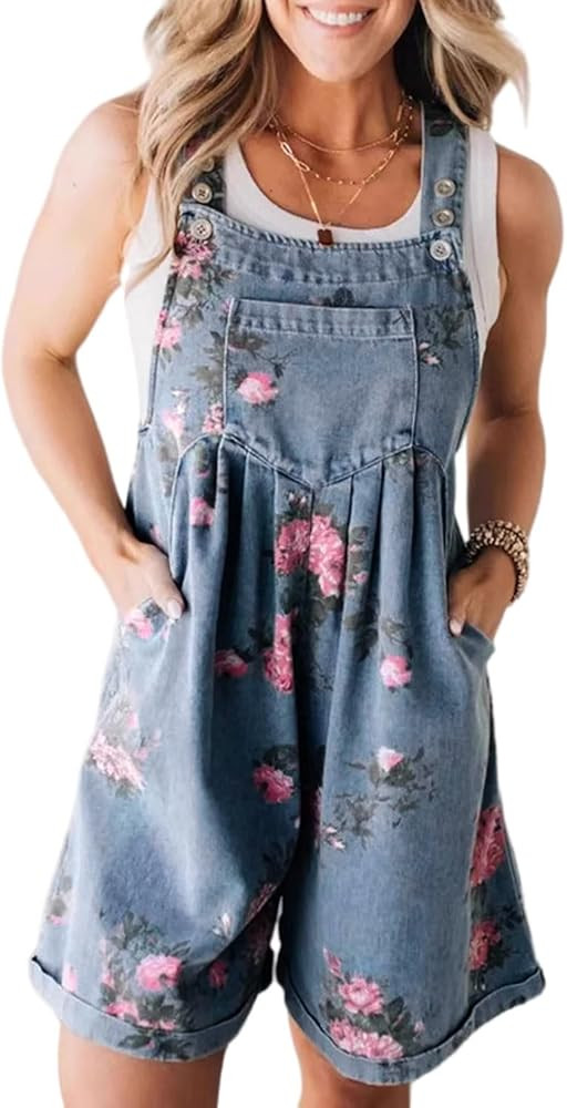 yoeasy Women Casual Denim Bib Shorts Overalls Sleeveless Adjustable Straps Wide Leg Boho Floral P... | Amazon (US)