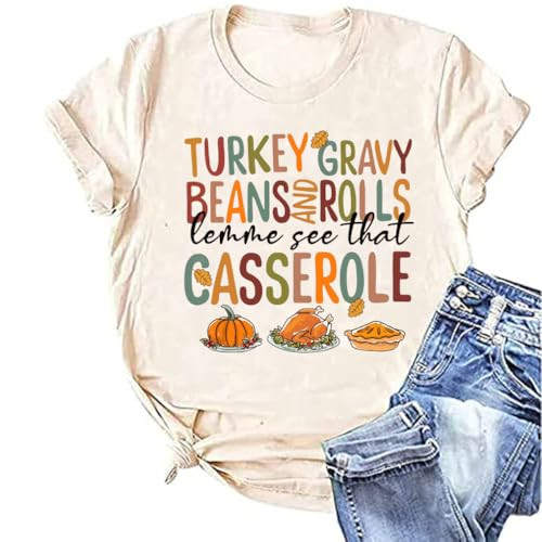 Fall Shirt for Women Turkey Gravy Beans and Rolls Letter Print T Shirts Casual Thanksgiving Tops Tee(BK-05BGE,Small) | Amazon (US)