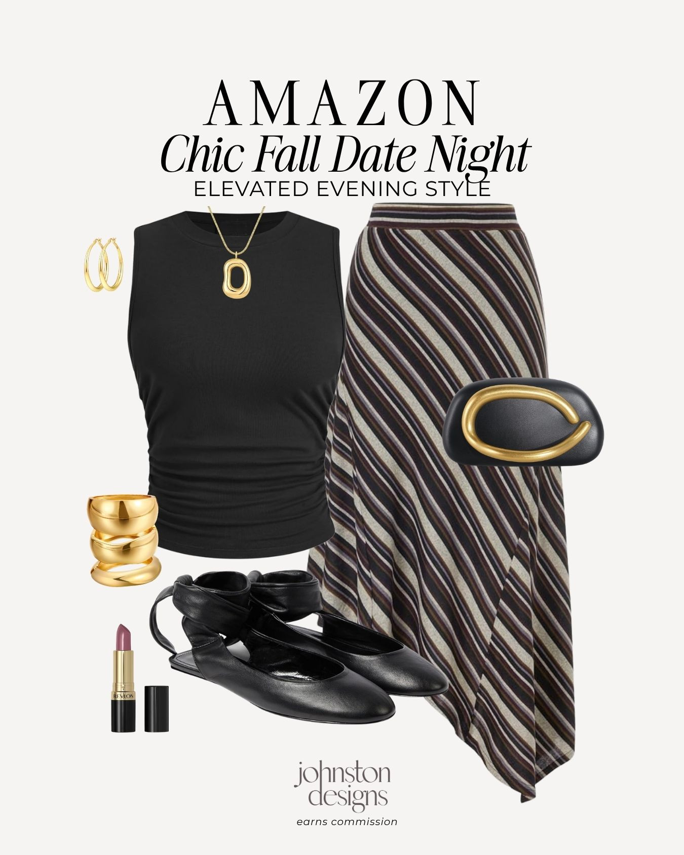 Elevated evening style for a chic fall date night. ✨ A sleek black sleeveless top pairs beautifully with a striped diagonal-hem maxi skirt, styled with trendy ankle-wrap ballet flats, a black structured clutch with gold hardware, chunky gold jewelry, and a swipe of berry lipstick.

Amazon chic fall date night outfit, black sleeveless tank top, diagonal striped maxi skirt, black ankle wrap ballet flats, black clutch purse gold hardware, chunky gold cuff bracelet, gold oval pendant necklace, berry lipstick, evening fall outfits, elevated autumn style, women’s Amazon fashion

#amazonfinds #amazonfashion #datenightoutfit #fallstyle #elevatedstyle #maxiskirt #balletflats #chicfashion #autumnfashion #eveningwear 

 #LTKootd