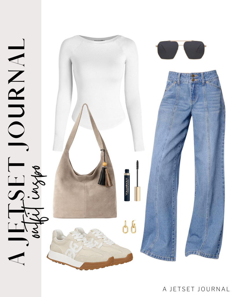 If you're wondering what top to wear with Sidefeel wide-leg jeans, I recommend a fitted white long-sleeve top. This look pairs beautifully with stylish Sam Edelman Langley sneakers and the Sak Huntley bag. Also, I'm a huge fan of L’Oreal Paris mascara, which I'm using to complete this outfit. 

 #LTKSeasonal #LTKSaleAlert #LTKTravel