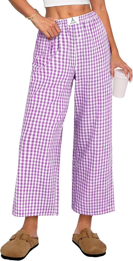 ANRABESS Women Striped Gingham Palazzo Cropped Pants Wide Leg Pajama Lounge Pants Plaid PJ Bottom... | Amazon (US)