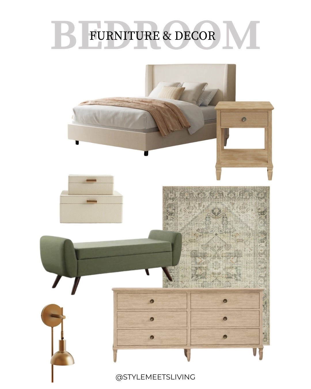 Create a calm, elevated bedroom with this cozy, upholstered bed, nightstands, gold, sconces, and a pop of green from a stylish ottoman. Perfect for a polished guest or primary suite!

Keywords: primary bedroom ideas, upholstered bedframe, nightstand styling, bedroom furniture set, modern bedroom decor, green, ottoman decor, gold wall sconces, cozy bedroom inspiration, neutral bedroom design, dresser styling ideas. 

 #LTKHome #LTKSaleAlert
