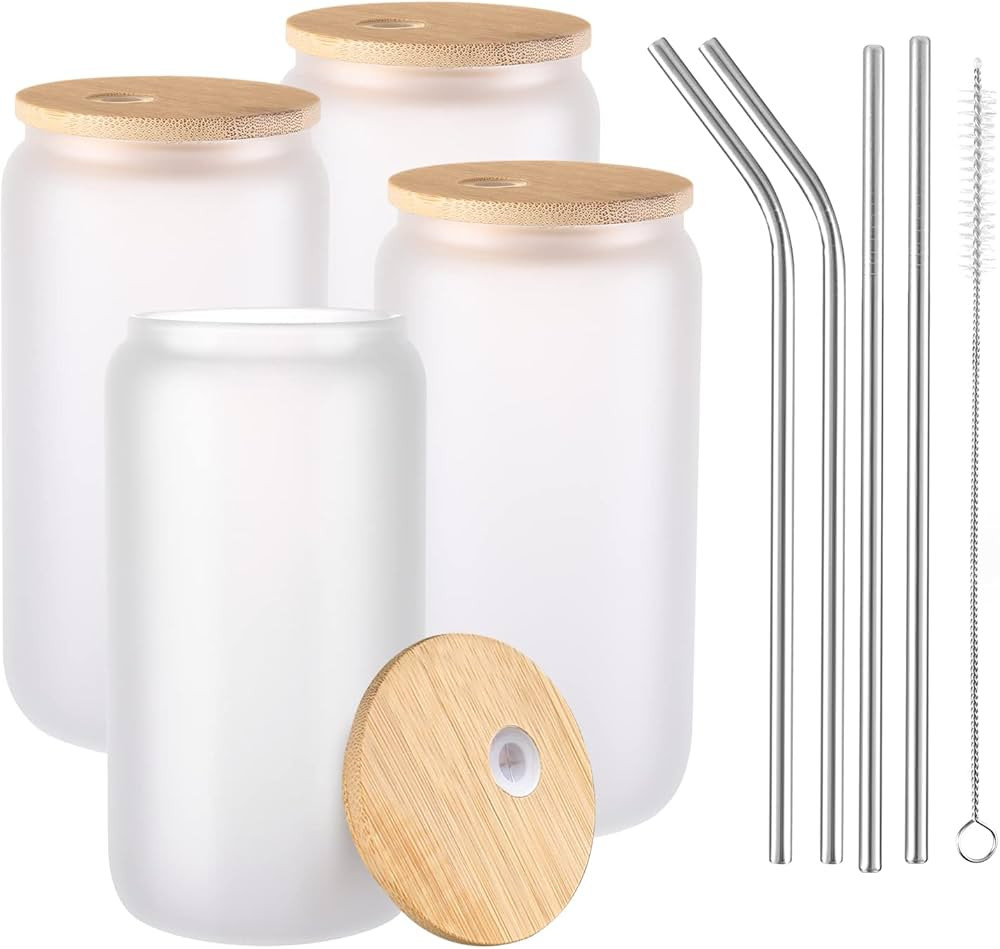 JMScape Frosted Beer Can Glass, 16oz Sublimation Glass Cans Blanks with Bamboo Lids and Straws, F... | Amazon (US)
