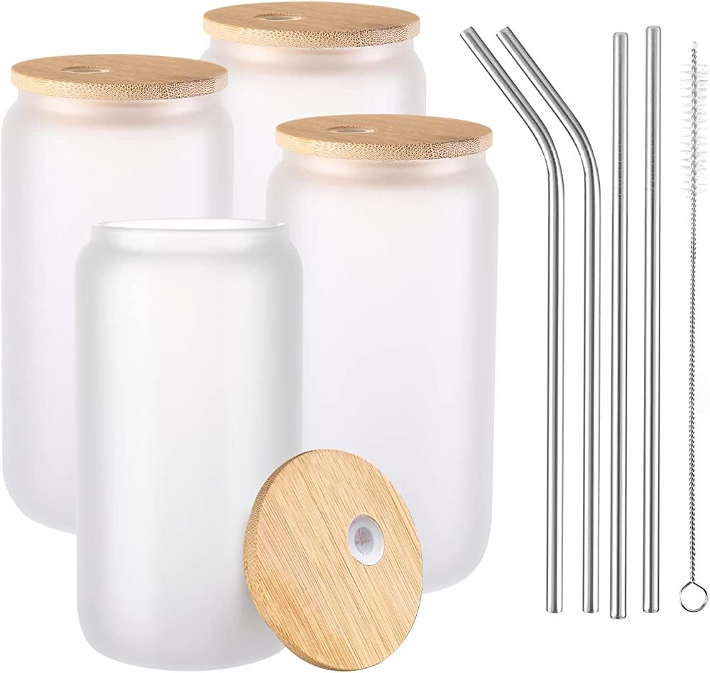 JMScape Frosted Beer Can Glass, 16oz Sublimation Glass Cans Blanks with Bamboo Lids and Straws, F... | Amazon (US)