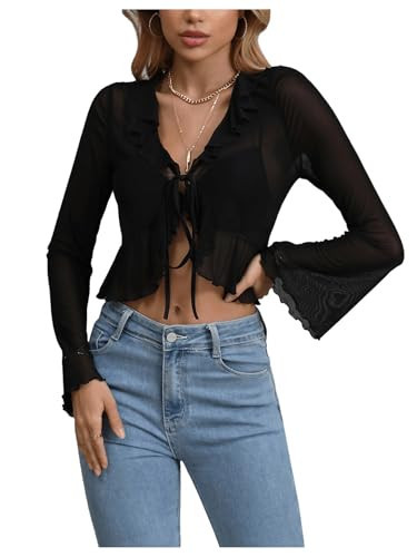GORGLITTER Women's Tie Front Tops Sheer Mesh Bell Long Sleeve Ruffle Blouse Shirt Crop Top Black Medium | Amazon (US)