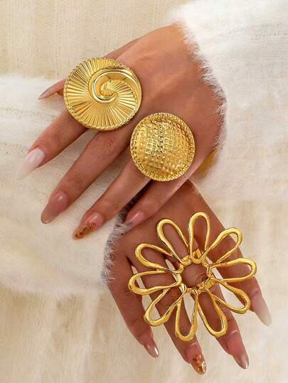 3 Pcs Gold Tone Oversized Chunky Statement Rings Set For Women, Minimalist Stackable Ring Jewelry... | SHEIN
